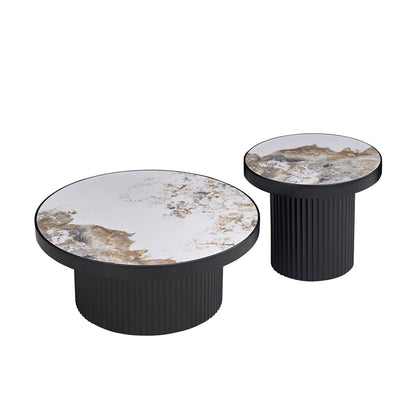 Set of 2 Coffee Table,MDF Round Coffee Table Sintered Stone Tabletop for Living Room Apartment,Leisure Area BLACK