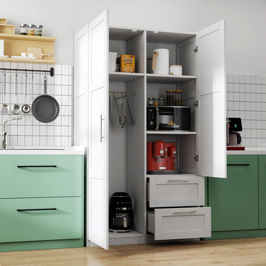 High wardrobe and kitchen cabinet with 2 doors, 2 drawers and 5 storage spaces, white