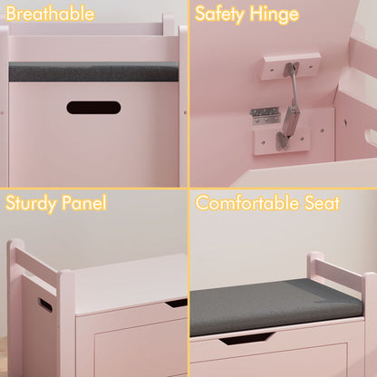 Kids Toy Box Chest for Boys Girls, Large Storage Cabinet with Cushion Seat Bench/ Flip-Top Lid/ Safety Hinge, Toy Storage Organizer Trunk for Nursery, Playroom (Pink)
