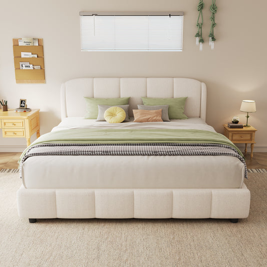 Queen Size Platform Bed with Boucle Fabric, Soft Boucle Fabric Upholstered Platform bed with Curve-Shaped Design Headboard, Beige, Easy Assembly
