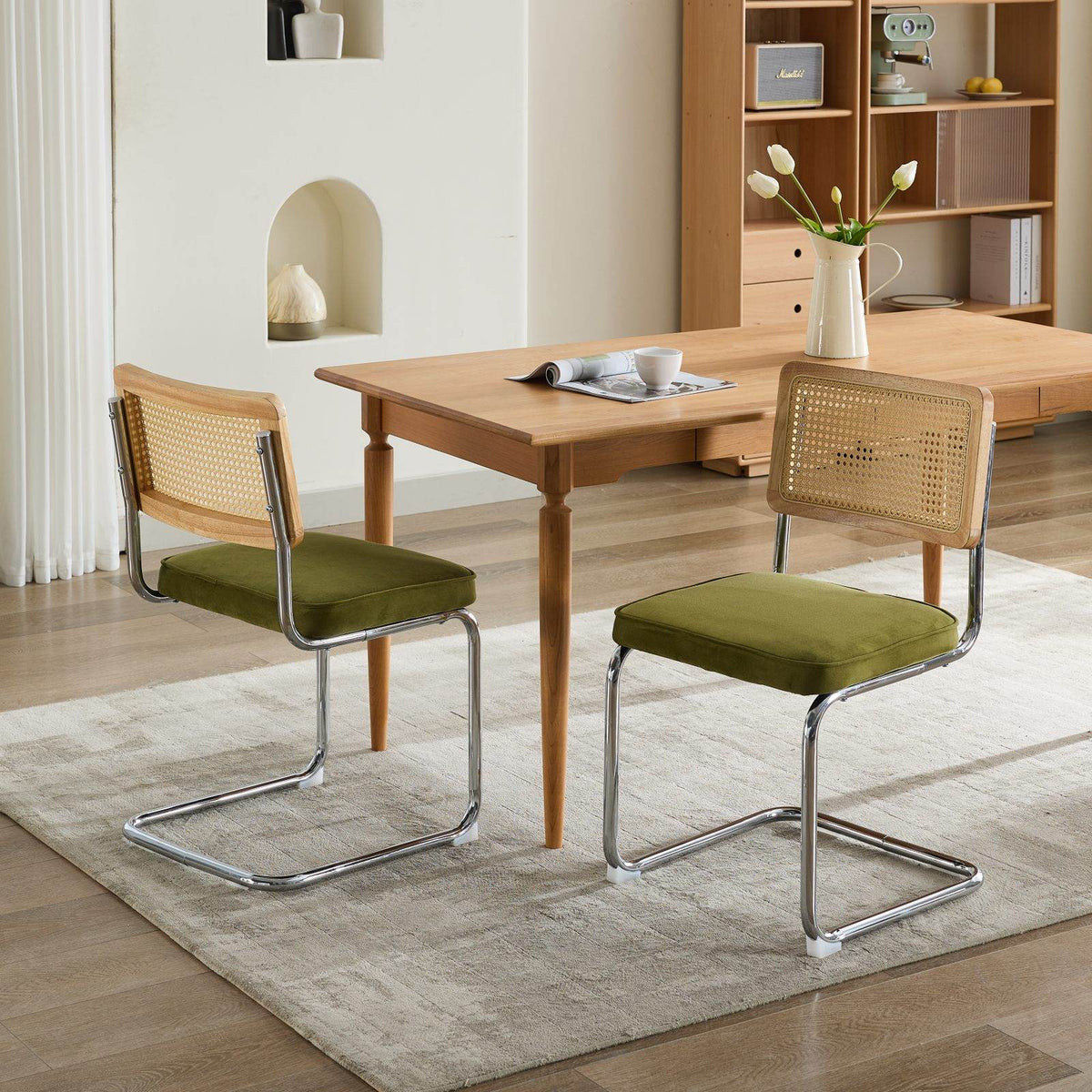 Mid Century Modern Dining Chairs Set of 2, Velvet Accent Chairs with Natural Cane Back & Stainless Chrome Base