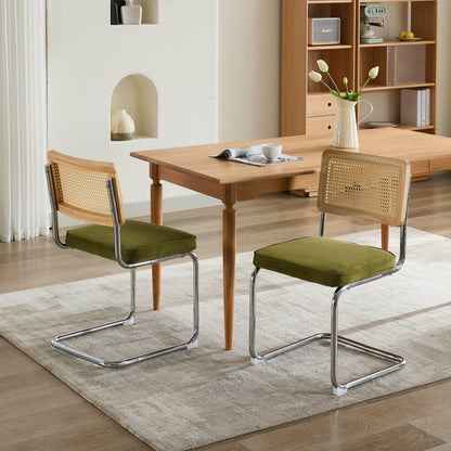 Mid Century Modern Dining Chairs Set of 2, Velvet Accent Chairs with Natural Cane Back & Stainless Chrome Base