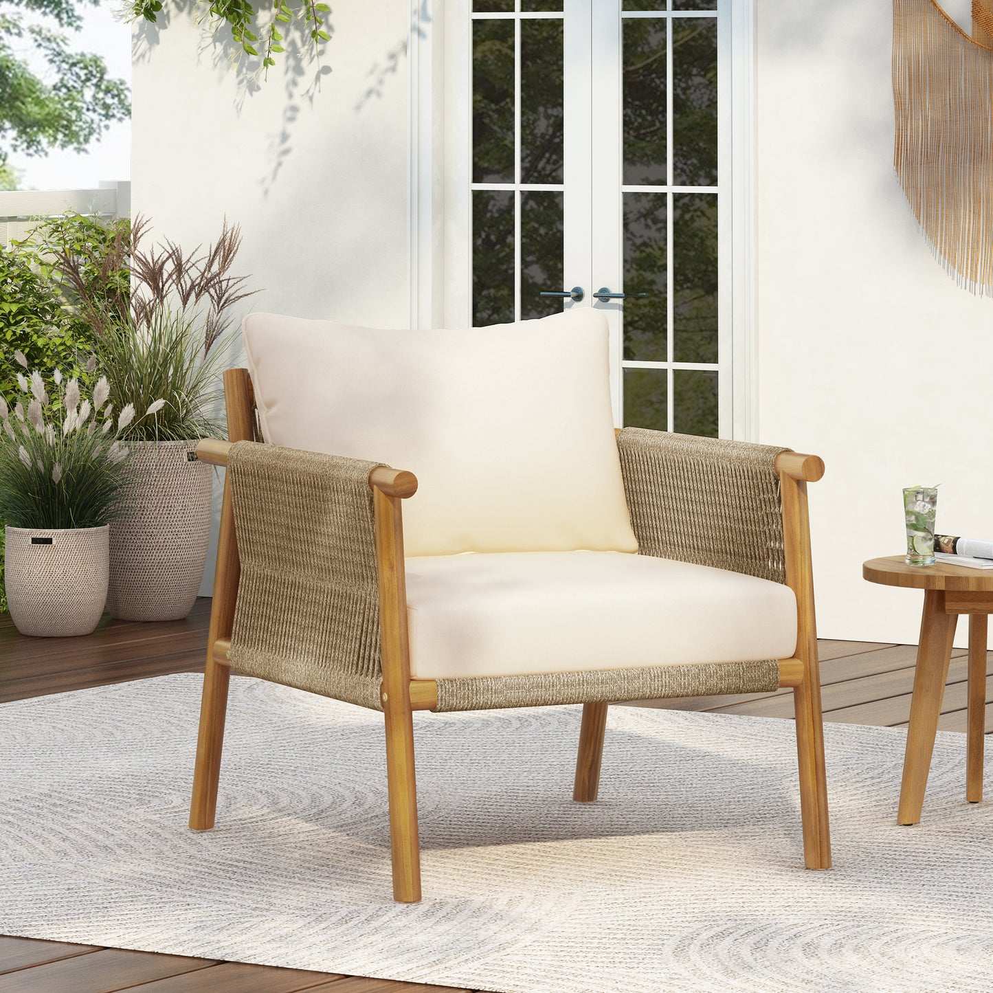28' Modern Outdoor Woven Lounge Chair with Solid Wood Frame and Comfortable Polyester Cushions, Perfect for Patio, Garden, or Balcony
