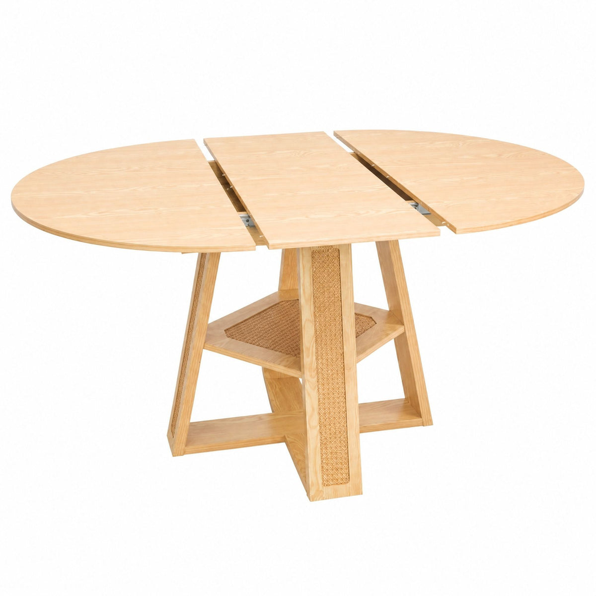 43.3'-59.05' Extendable Round Dining Table for 4-6, Round-to-Oval Kitchen Table with Removable Extension Leaf, Cross-Shaped Base and Storage Shelf, Natural