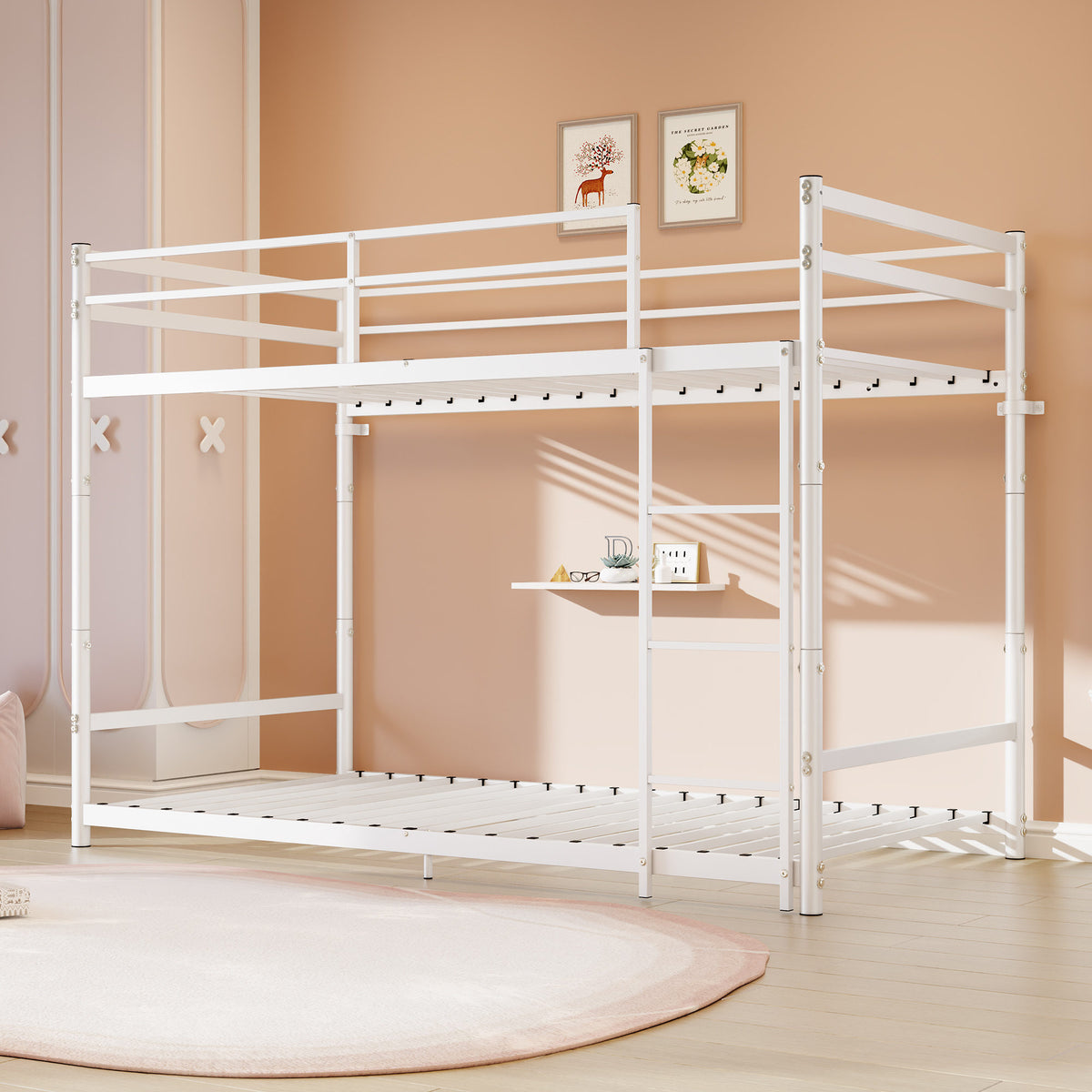 Heavy Duty Metal Twin Over Twin Bunk Bed, Convertible to 2 Separated Twin Beds, Noise-Free Steel Frame with Rubber Anti-Slip Ladder & 11.3' Guardrails, 400/485 LBS Weight Capacity, White