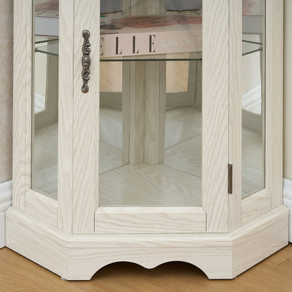 Curio Cabinet Lighted Glass Display Curio Cabinet w/Tempered Glass Doors and Shelves, Crown Corner Cabinet with Bulb, Corner Storage Decoration for Living room and Bedroom WHI