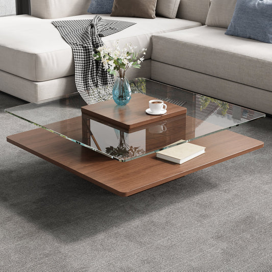 The Square Coffee Table with Clear Tempered Glass Top and Storage Shelf, Walnut Finish, 31.5"