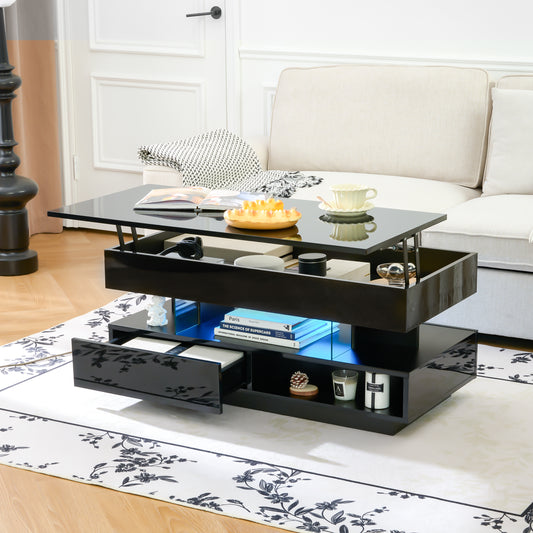 39.3' Lift Top Coffee Table with Hidden Compartment, 2 Storage Drawers and Ajustable LED Lights,Modern Multifunction Coffee Tables for Living Room, Bedroom,Office(Black)