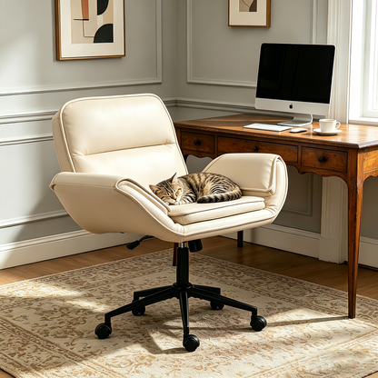 Criss Cross Chair with 5-Gear Adjustable Armrests & Wheels, Ergonomic Thickened Backrest Swivel Desk Chair for Home Office, Vanity, Bedroom and Living Room, Beige Pu