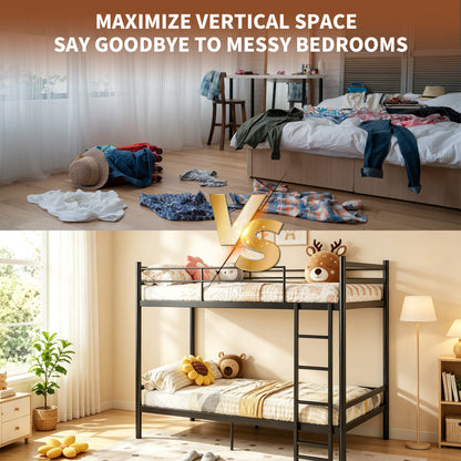Twin Over Twin Metal Bunk Bed, Heavy Duty Bed Frame with Anti-Slip Ladder & Tall Safety Guardrails, Space-Saving Bunkbeds with Under-Bed Storage for Kids Teens Adults, Black