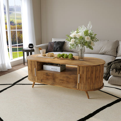 DFW 45.27 Inch Oval Coffee Table with Storage, AlsoCan be used as TV standMid Century Modern Coffee Table with Drawer, Center Table with Sliding Door and Wood Fluted Handle for Living Room, Nature Oak