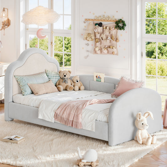 Twin Curved Headboard Upholstered Floor bed, Upholstered Kids bed with Safety Side Rails and Storage Pocket, Low Floor Playhouse Bed for Kids Bedroom,Light Gray