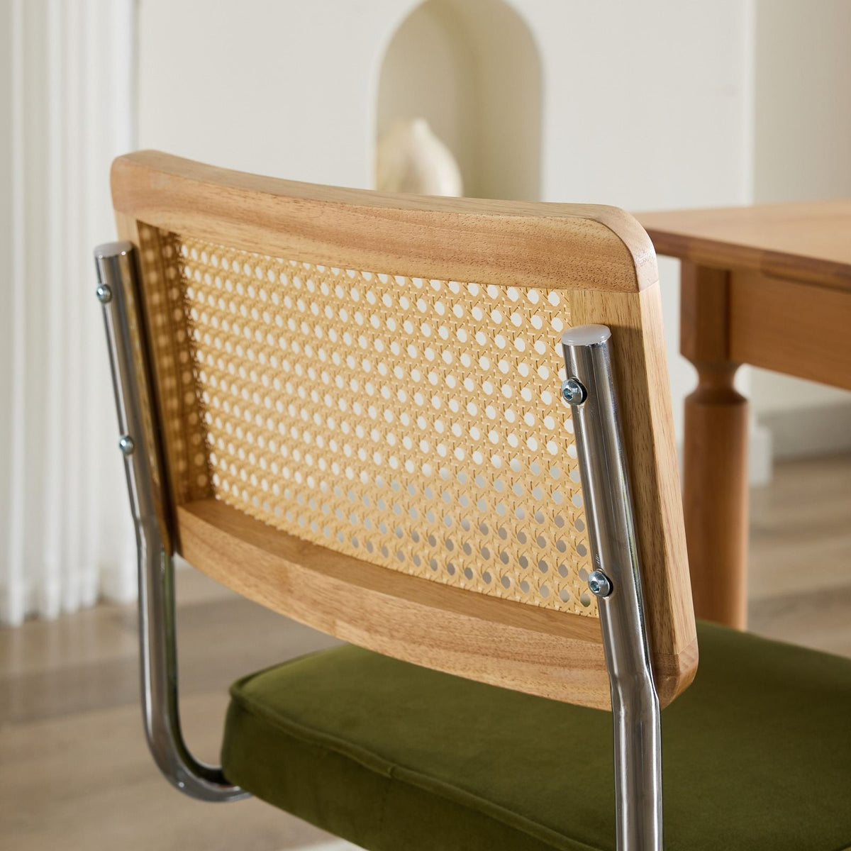 Mid Century Modern Dining Chairs Set of 2, Velvet Accent Chairs with Natural Cane Back & Stainless Chrome Base