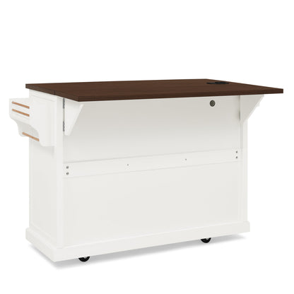 47.2" Kitchen Island with Drop Leaf, Power Outlet, Rolling Kitchen Storage Cart on 4 Wheels with 4 Door Shelves, Cross Barn Doors & Visual Glass Door for Kitchen,White