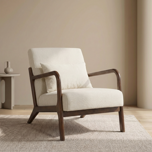 Mid Century Modern Accent Chair with Wood Frame, Upholstered Living Room Chairs with Waist Cushion, Reading Armchair for Bedroom Sunroom