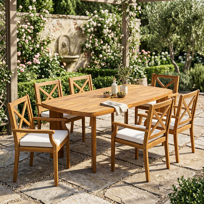 7‑Piece Acacia Wood Outdoor Dining Set, 71 Inch Rectangular Teak Finish Patio Table with 6 Arm Chairs, Cream Waterproof Fabric Cushions, X‑Back Design for Backyard Garden