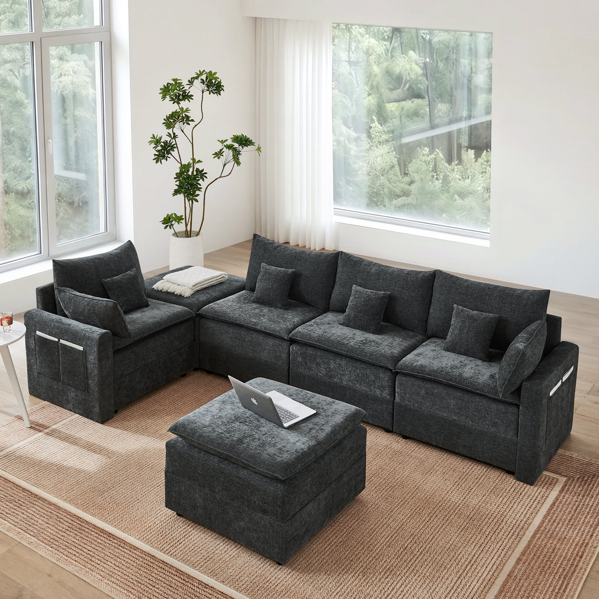 132' Cloud Modular Sectional Sofa, Deep Seat U Shaped Couch with Ottoman, Chenille Upholstered Sofa with Chaise, Plush Cushions, 6 Seat Modern Comfy Couch for Living Room & Apartment, Black