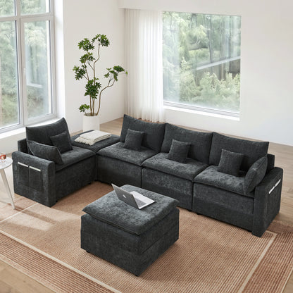 132' Cloud Modular Sectional Sofa, Deep Seat U Shaped Couch with Ottoman, Chenille Upholstered Sofa with Chaise, Plush Cushions, 6 Seat Modern Comfy Couch for Living Room & Apartment, Black
