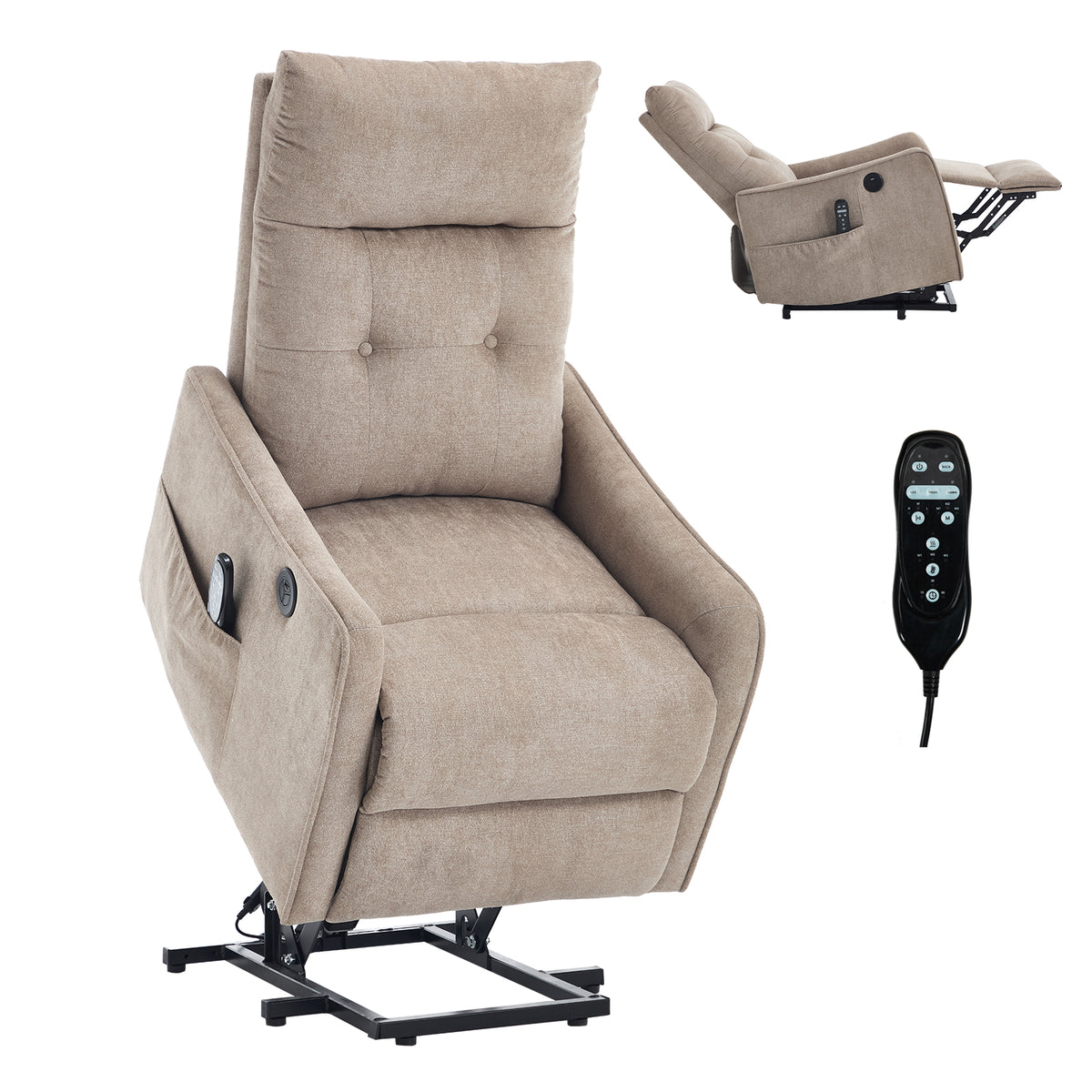 Khaki Chenille Single Motor Power Lift Recliner Chair with Massage and Heat for Elderly, Heavy Duty Motion Mechanism and One USB for Charging, Max Reclining Angle 155°