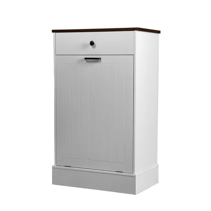 Tilt Out Trash Cabinet with Drawer, 10 Gallon Farmhouse Hamper, White MDF
