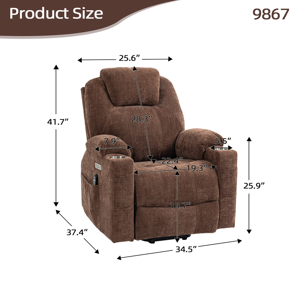 Up to 350 LBS Chenille Power Lift Recliner Chair, Heavy Duty Motion Mechanism with 8-Point Vibration Massage and Lumbar Heating, USB and Type-C Ports, Stainless Steel Cup Holders, Brown