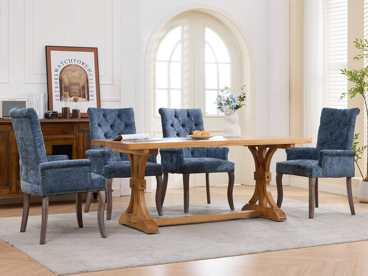 Upholstered Chenille Fabric Accent Dining Chair, Curved Solid Wood Legs, Elegant Tufted Club Dining Room Kitchen Room Arm Dining Chair – Blue
