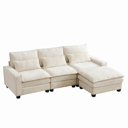 Modern Comfy Chenille L Shaped Sectional Sofa with Movable Ottoman, Beige, 99''