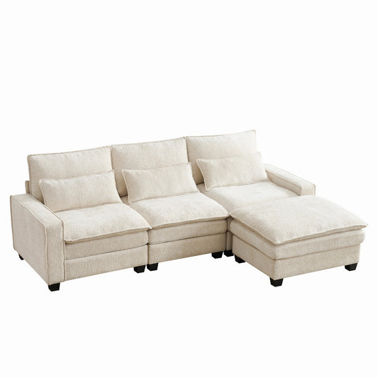 Modern Comfy Chenille L Shaped Sectional Sofa with Movable Ottoman, Beige, 99''
