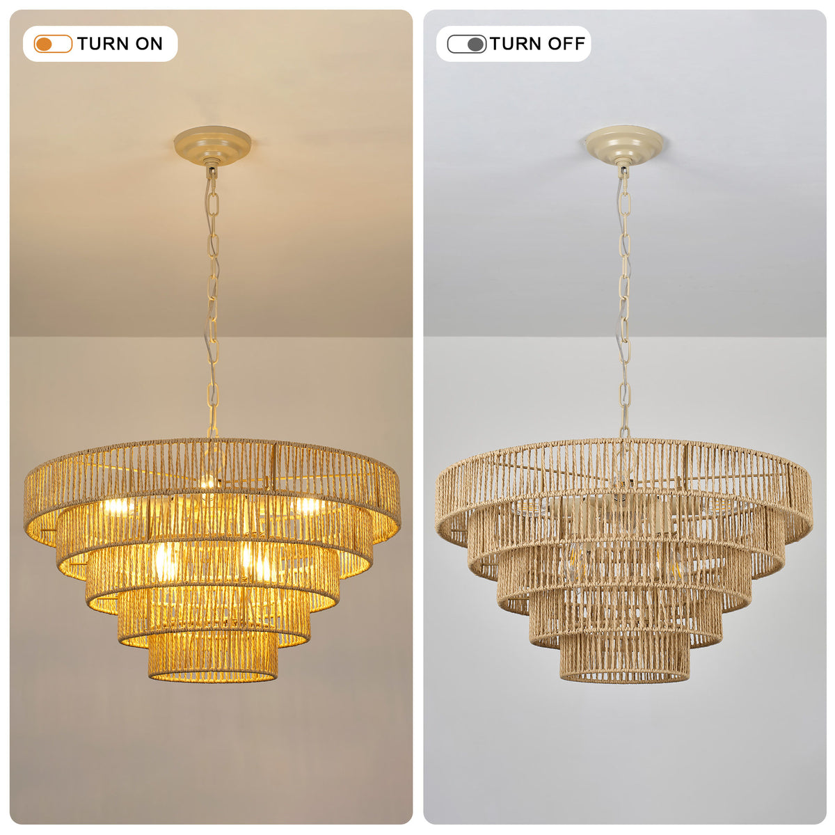 23.62" Tiered Chandelier, 5-Tier Off White Metal & Glass Pendant Light, 8xB12 Socket Max 40W, Bulbs Not Included