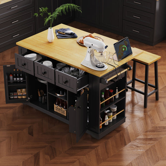 K&K 53inch Large Kitchen Island with Drop Leaf, Power Outlet, Door Internal Storage Rack