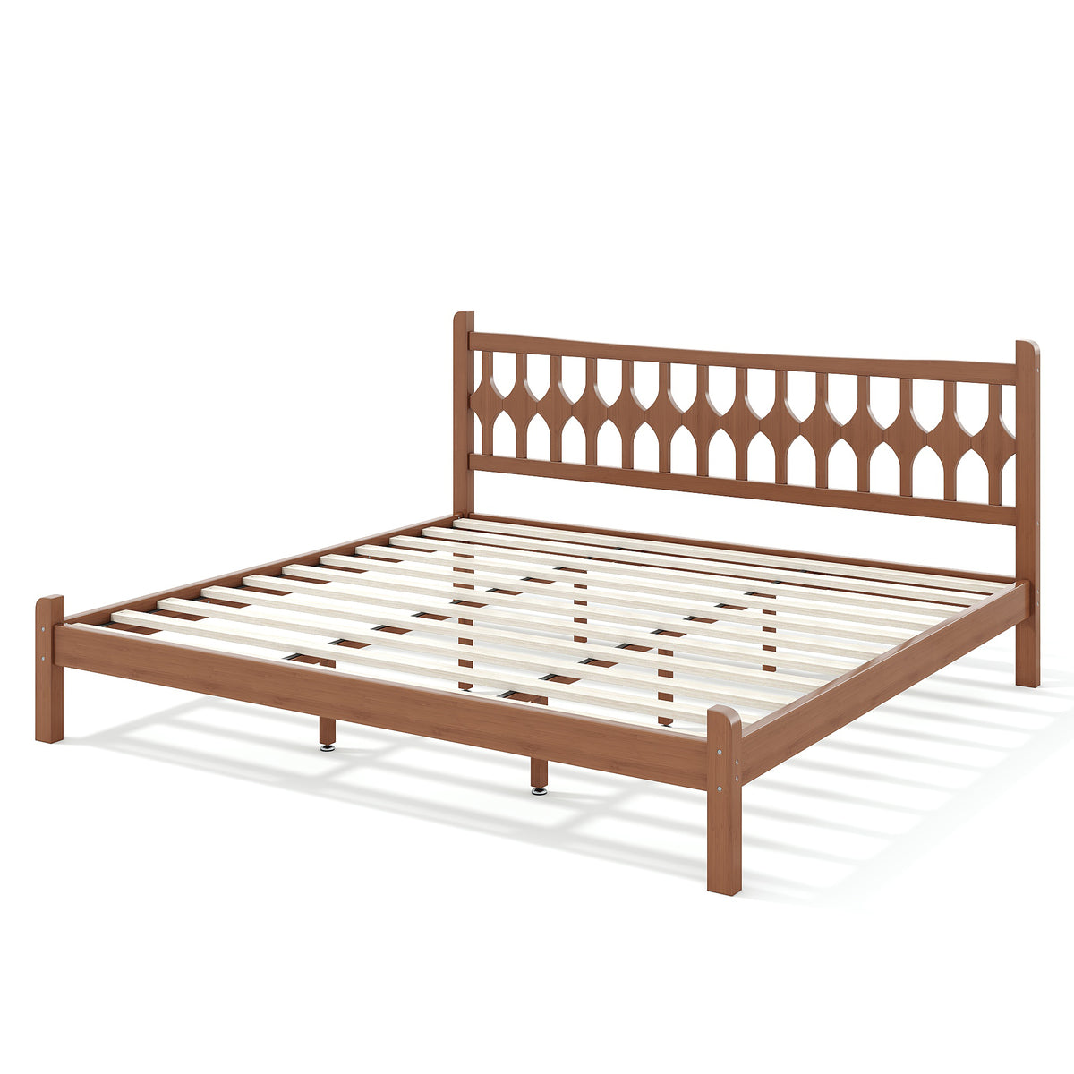 King Size Bamboo Platform Bed with Diamond-shaped headboard, Solid Bamboo-made Bed Frame with Support Slats, for Bedroom, Guest Rooms, Brown
