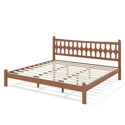 King Size Bamboo Platform Bed with Diamond-shaped headboard, Solid Bamboo-made Bed Frame with Support Slats, for Bedroom, Guest Rooms, Brown