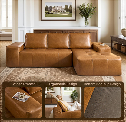 Boneless Couches for Living Room, Brown Faux Leather Cloud Sectional Couches with Chaise, Deep Seat L Shaped Modular Sofa, No Assembly Required Sofas in a Box(Right,Faux Leather,Brown)