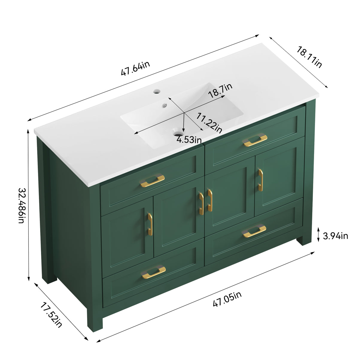 48" Green Bathroom Vanity with Resin sink Combo, Abundant Storage Cabinet -4 Soft close doors and 4 drawers