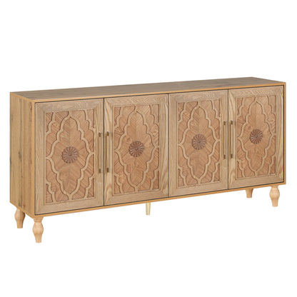 Carved Flower Door Large Storage Cabinet With Metal Handle Suitable - Natural Wood
