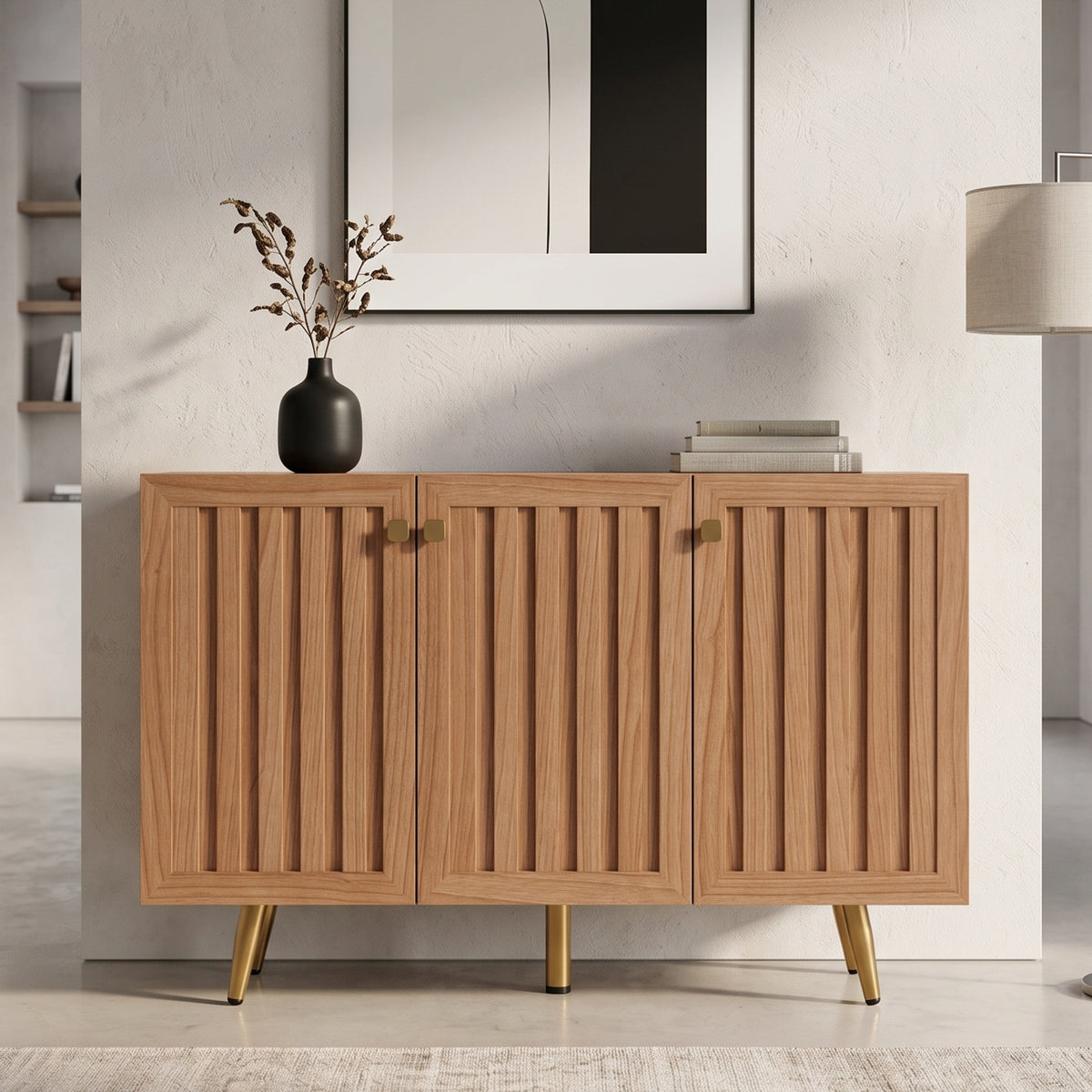 46.9' W Fluted 3-Door Sideboard Buffet Cabinet with 3 Shelves, Oak