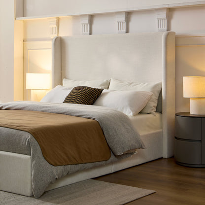 Carmen Upholstered Wingback Bed / Upholstered Platform Bed Frame / 54" High Headboard / Simplicity / Minimalist / No Box Spring Needed / Easy Assembly / Queen/ Textured Ivory Canvas / No Noise