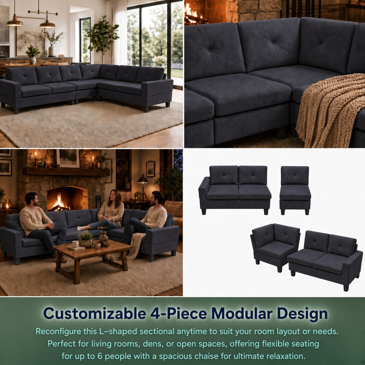95.5 x 75 Inches Width Dark Grey Modular L-Shaped Sectional Sofa 6-Seater 4-Piece Massa Flannel Fabric Couch with Chaise