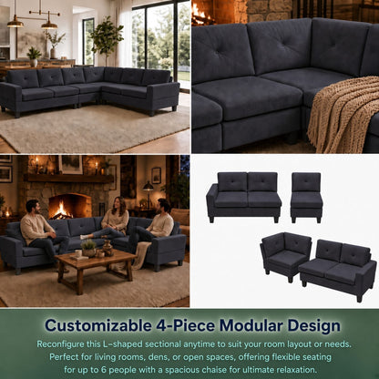 95.5 x 75 Inches Width Dark Grey Modular L-Shaped Sectional Sofa 6-Seater 4-Piece Massa Flannel Fabric Couch with Chaise