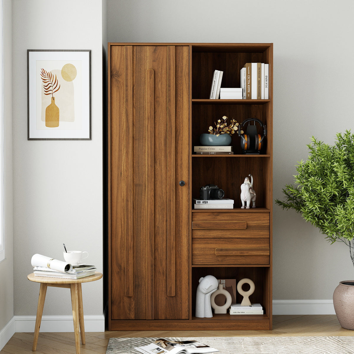 Freestanding Storage Cabinet, Tall cabinet with fluted Door, 2 Drawers & Open Shelves, Multi-Purpose Organizer for Bedroom, Living Room, Entryway