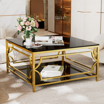 Square Glass Coffee Table in 33.5", Luxurious Geometric Metal Frame, Gold Finish & Lower Shelf