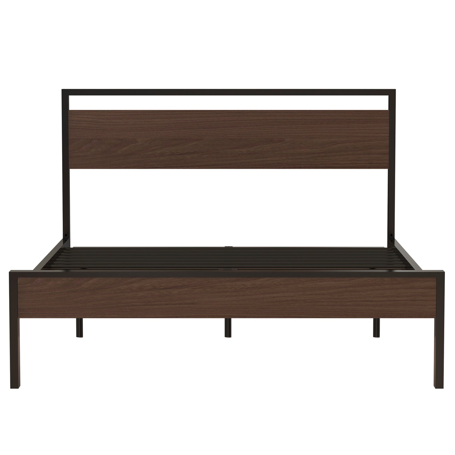 Ceres Queen Size Metal Platform Bed Frame with Wooden Headboard and Footboard, Mattress Foundation, No Box Spring Needed, Large Under Bed Storage, Non-Slip Without Noise, Walnut