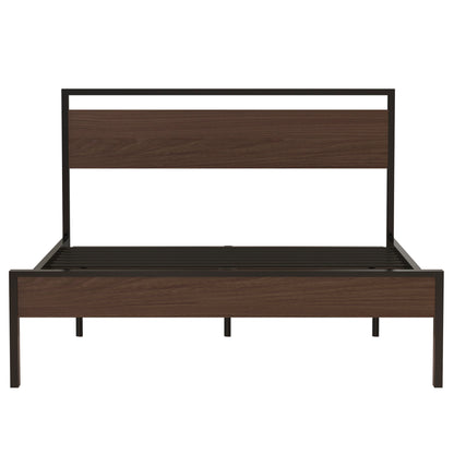 Ceres Queen Size Metal Platform Bed Frame with Wooden Headboard and Footboard, Mattress Foundation, No Box Spring Needed, Large Under Bed Storage, Non-Slip Without Noise, Walnut