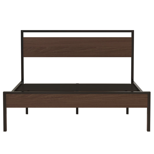 Ceres Queen Size Metal Platform Bed Frame with Wooden Headboard and Footboard, Mattress Foundation, No Box Spring Needed, Large Under Bed Storage, Non-Slip Without Noise, Walnut