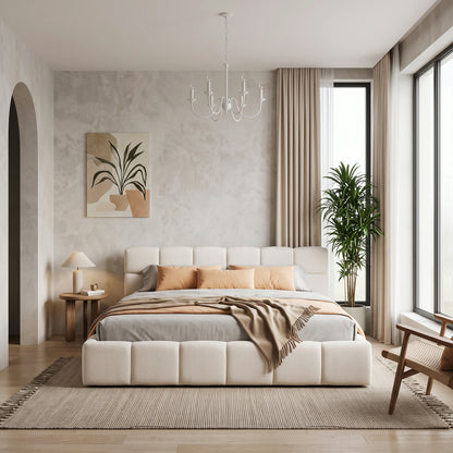 Elegant Beige Chenille Upholstered Bed with Checkerboard Design, Queen