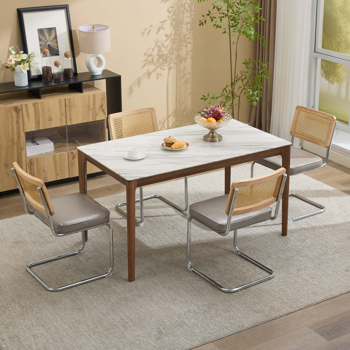 Dining Chairs Set of 2,Mid‑Century Modern Cane Rattan Dining Chair with Solid Wood Frame,Faux Leather Upholstered Seat,Cantilever Chrome Metal Frame Armless Side Chair for Kitchen Dining Room,SW1751GG