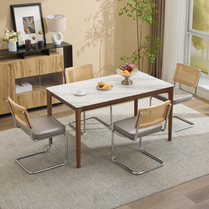 Dining Chairs Set of 2,Mid‑Century Modern Cane Rattan Dining Chair with Solid Wood Frame,Faux Leather Upholstered Seat,Cantilever Chrome Metal Frame Armless Side Chair for Kitchen Dining Room,SW1751GG