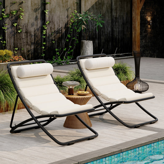 TREXM 2-Pieces Outdoor Folding Chair, Rattan-Wrapped Patio Chair with Adjustable Backrest, Thick Cushion, and Detachable Headrest ,for the Poolside, Beach, Backyard, Decck, and Camping (Black)