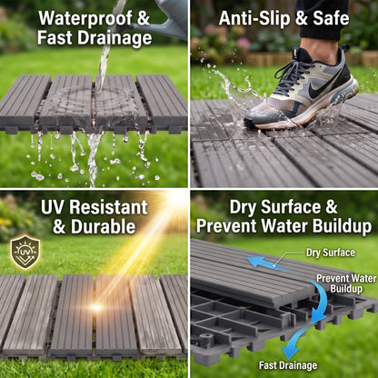 Plastic Interlocking Deck Tiles, 44 Pack 12"x12" Waterproof Non-Slip Outdoor Patio Flooring, All Weather Drainable Snap Together Decking Tiles for Poolside, Porch, Garden, Backyard & Shed Floor,Grey