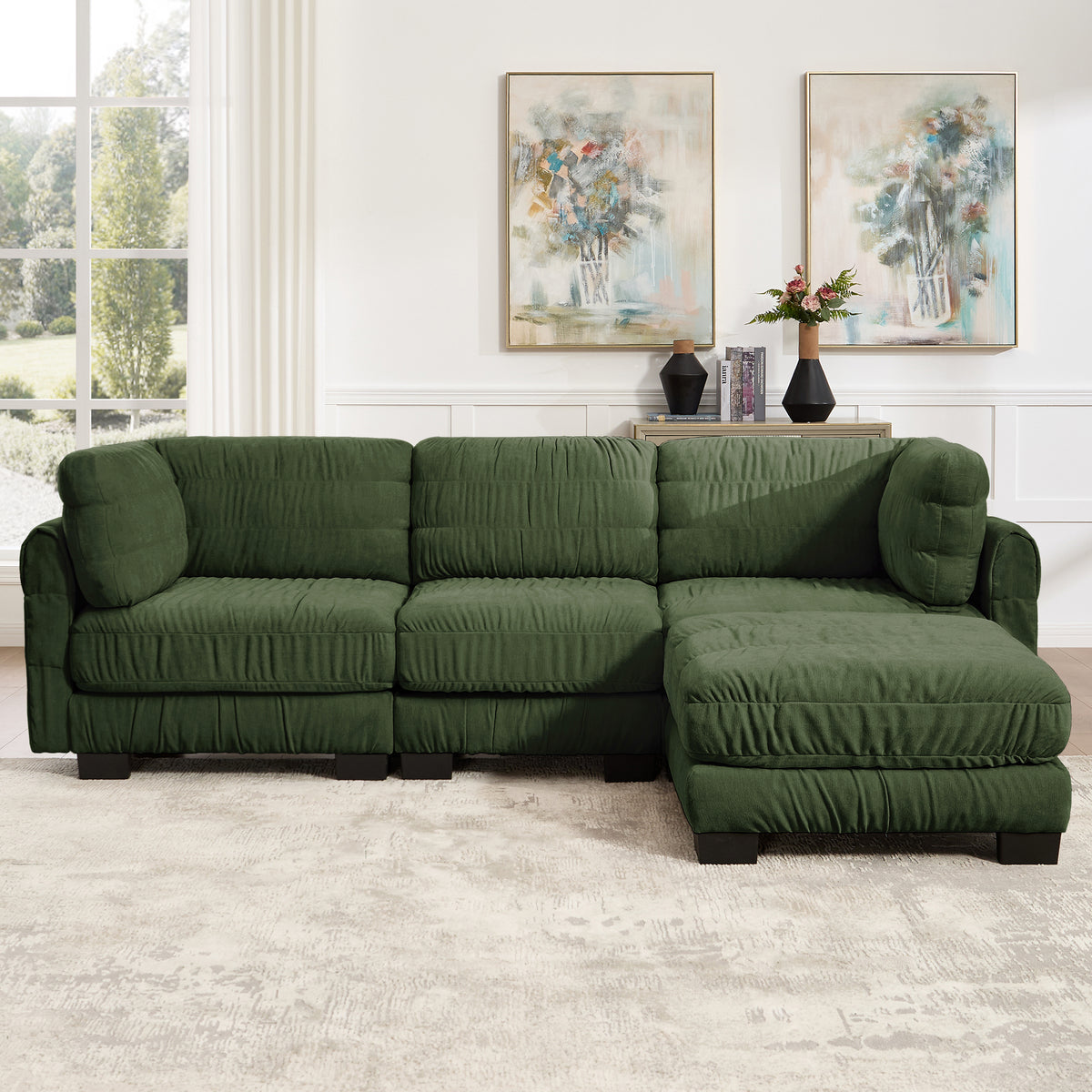 3 Seat Ruched Detailing Chenille Modular Sectional Sofa,Movable Ottoman,High-Density Foam,L Shape Thickened  Back Cushions,Easy Assembly,For Living Room,Bedroom,Green